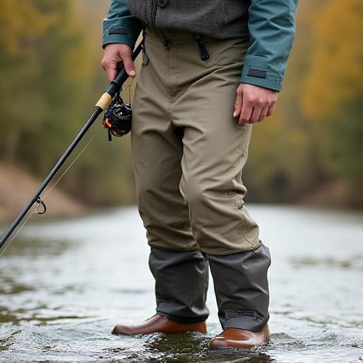 A person wearing waterproof fishing waders and a jacket.
