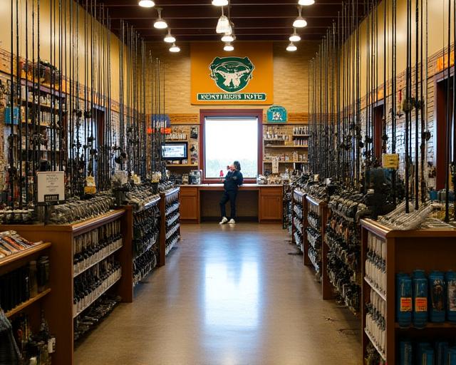 Well-organized interior of Northern Notes Tackle shop with fishing rods on display.